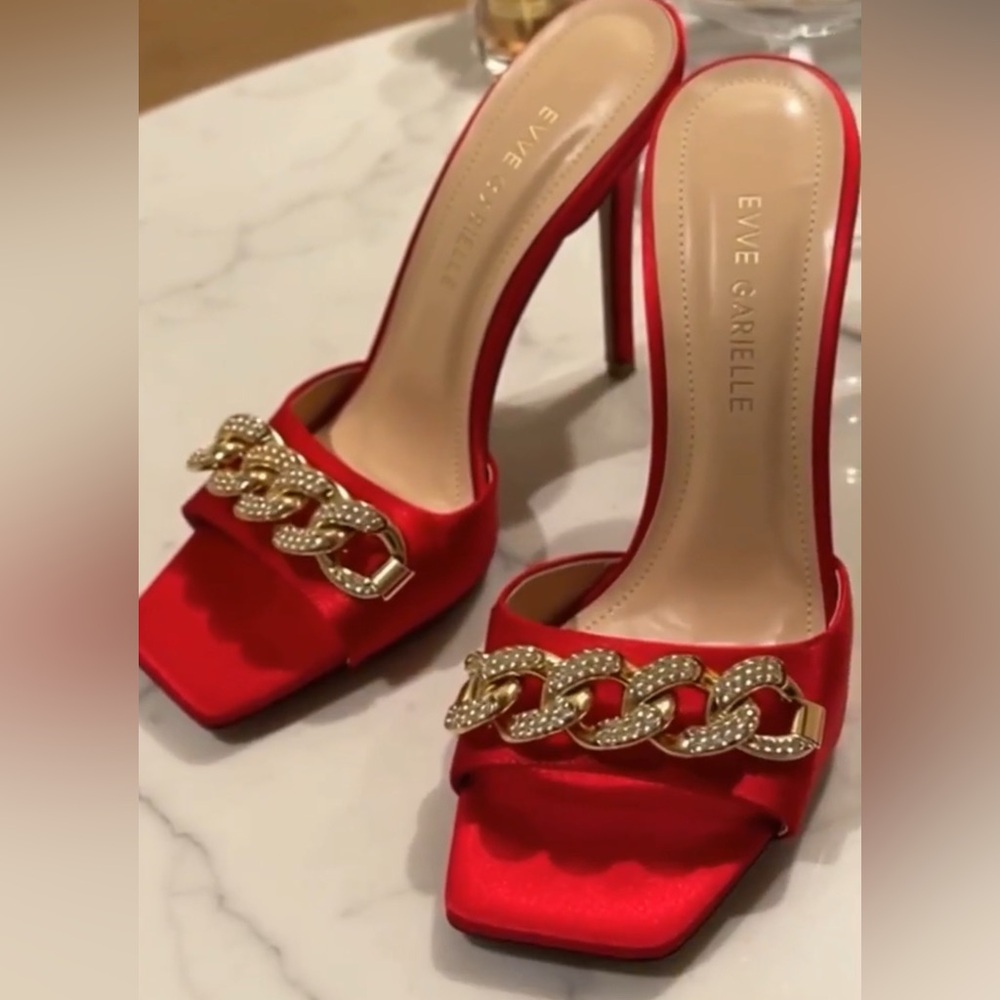 Cape Robbin Sexy Stiletto Open Toe Red Heels with Gold Chain Detail